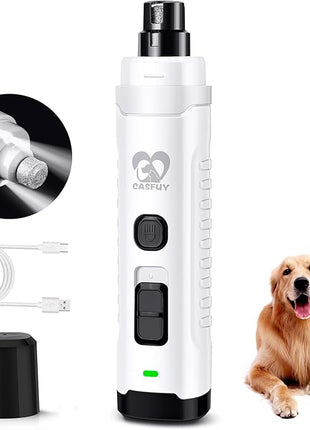 Casfuy Dog Nail Grinder with 2 LED Light for Large Medium Small Dogs - 3X More Powerful 2-Speed Electric Pet Nail Trimmer Rechargeable Quiet Painless Paws Grooming & Smoothing Tool (White)