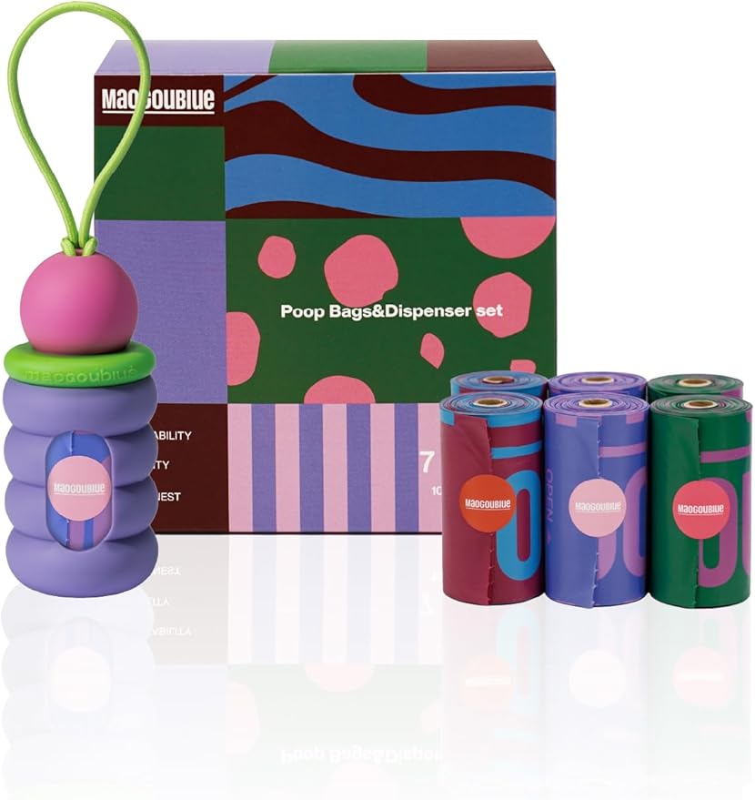 Dog Poop Bags with Dispenser, Leak Proof and Extra Thick Pet Waste Bags for Walking Dog and Cats Litter, 1 Bag Holder and 105 Bags (Purple)