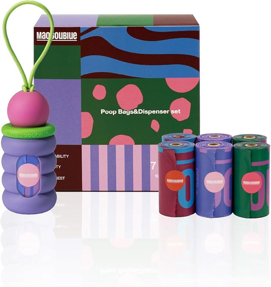 Dog Poop Bags with Dispenser, Leak Proof and Extra Thick Pet Waste Bags for Walking Dog and Cats Litter, 1 Bag Holder and 105 Bags (Purple)