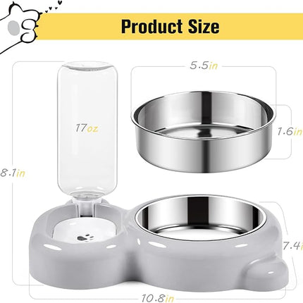 Dog Bowls, Cat Food and Water Bowl Set with Water Dispenser and Stainless Steel Bowl for Cats and Small Dogs - Grey
