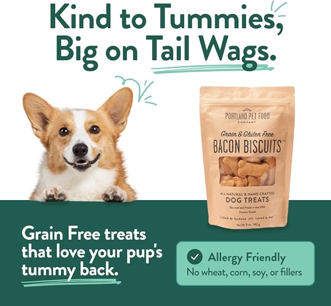 Portland Pet Food Company Bacon Dog Treats Healthy Biscuits for Large Medium & Small Dogs - Grain-Free, Human-Grade, All Natural Dog Cookies, Snacks & Training Treats - Made in The USA - 5 oz