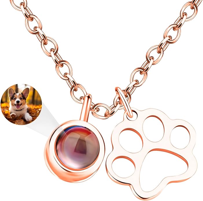 Personalized Picture Necklace with picture inside Custom Projection Necklace Cat/Dog Paw Print Pet Memorial Necklaces for Pet Lovers, Photo Gifts for Anniversary Dog Lovers
