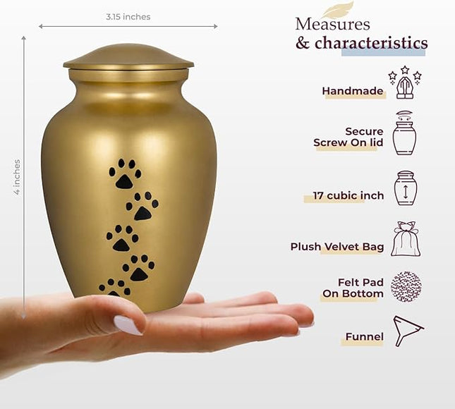 Trupoint Memorials Small Pet Urn for Dogs and Cats Ashes, Paws Print Gold Cremation Urns for Pets up to 17 lbs