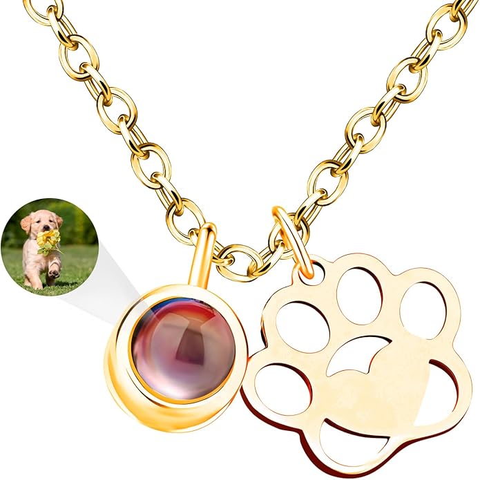 Personalized Picture Necklace with picture inside Custom Projection Necklace Cat/Dog Paw Print Pet Memorial Necklaces for Pet Lovers, Photo Gifts for Anniversary Dog Lovers