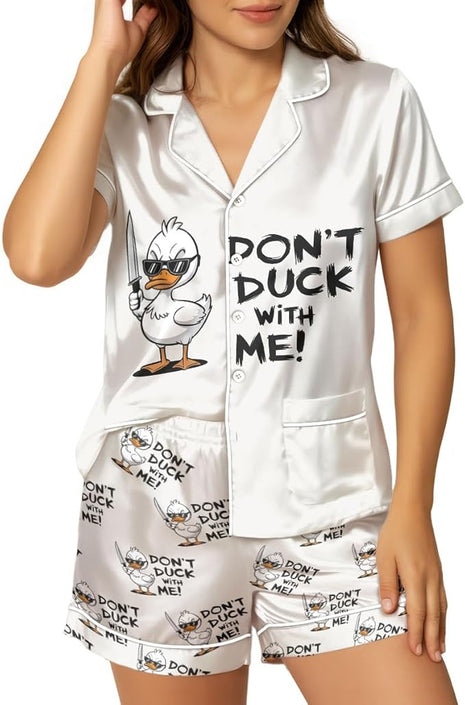 Women’s Silk Satin Pajama Set, Short Sleeve Button Down 2 Piece PJs with Shorts, Cozy Loungewear & Matching Holiday Pajamas