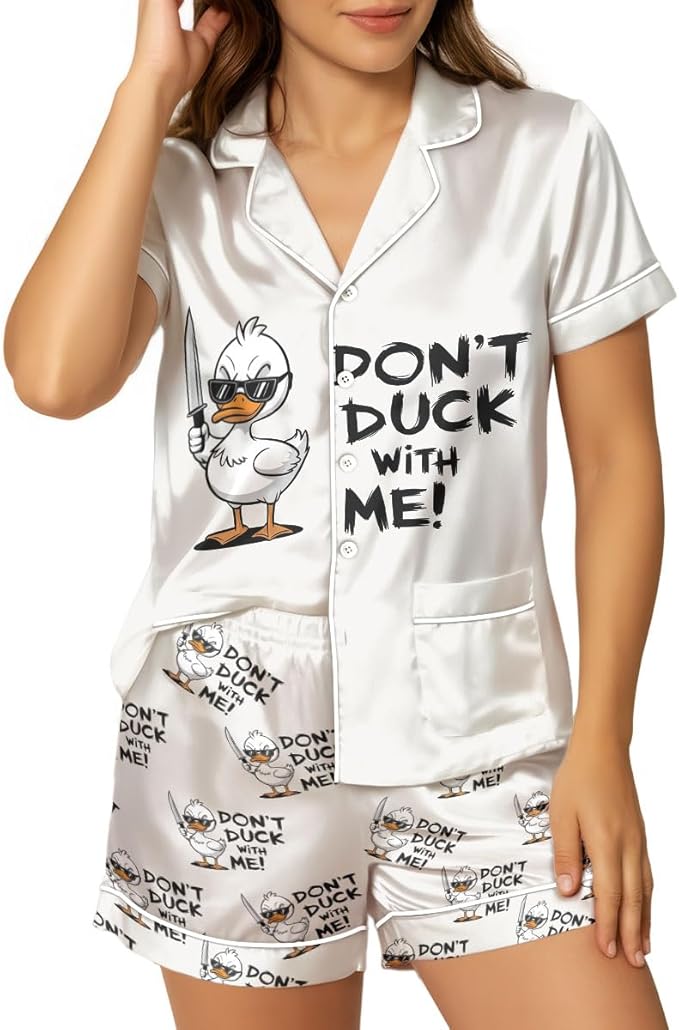 Women’s Silk Satin Pajama Set, Short Sleeve Button Down 2 Piece PJs with Shorts, Cozy Loungewear & Matching Holiday Pajamas