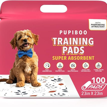 Pupiboo Disposable Dog and Cat Training Pads – Leaves Pattern, Highly Absorbent Pee Pads, Leak Proof Backing, Pheromonal Attractant for Housebreaking & Potty Training – 23x23 in (100 Count)