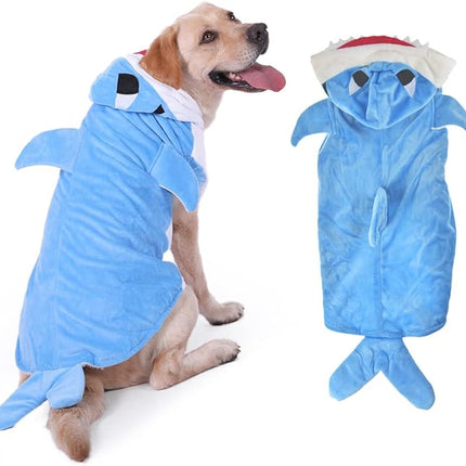 Halloween Dog Shark Costume Outfits for Large Dog Winter Fleece Puppy Jacket Coat Hoodie Funny Dog Clothes Golden Retriever(3XL, Blue)