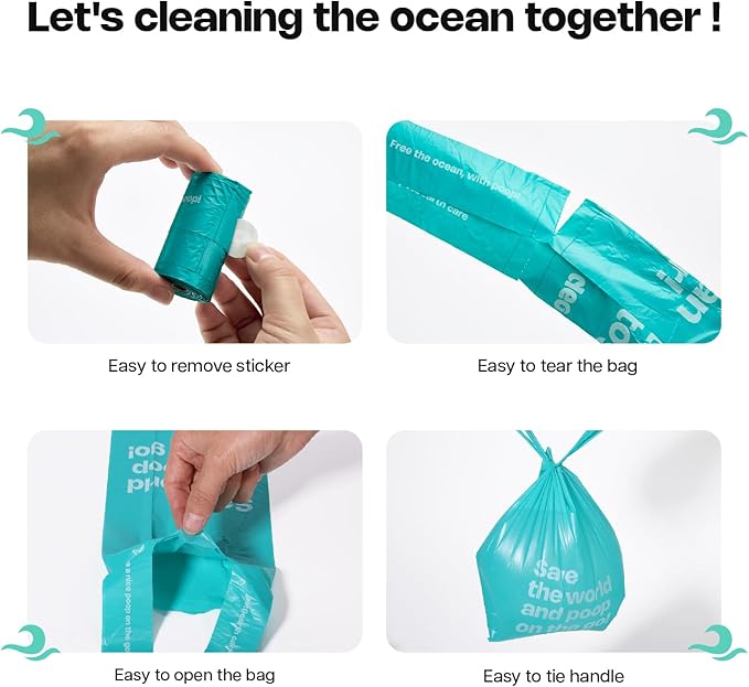 Dog Poop Bags with Handles 100% PCR from Ocean 12 Rolls 144 Counts Big Sizes Leak Proof and Extra Thick Waste Bags Refill Rolls for Walking Small Medium Large Dogs Cats Litter Unscented