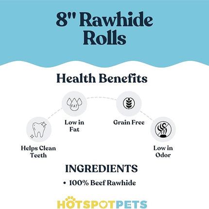 hotspot pets 8-9 Inch Large Rawhide Dog Chew Rolls (20 Pack) - Made from Grass Fed Cows - Great for Dental & Oral Care for Aggressive Chewers Large Dogs, Single Ingredient Treat