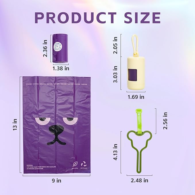 270 Count Scented Dog Poop Bags Rolls, 20 Micron Ultra Thick, Heavy Duty Tear Resistant Leak Proof for Yuck-Free Cleanup, with Dispenser & Leash Clip, 9 x 13 Inch, 3 Styles (Green & Purple)