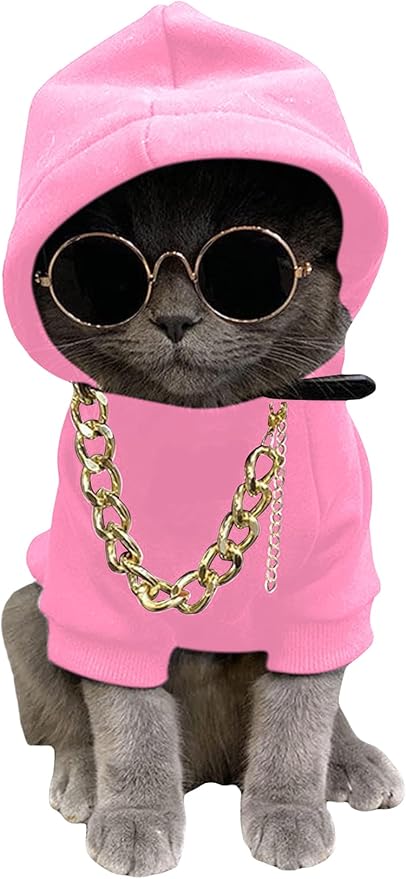 QWINEE 3Pcs Dog Hoodie Cat Apparel Dog Custume Set with Necklace and Sunglasses Pet Clothes for Puppy Small Medium Dogs Cats Light Pink Large