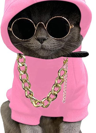QWINEE 3Pcs Dog Hoodie Cat Apparel Dog Custume Set with Necklace and Sunglasses Pet Clothes for Puppy Small Medium Dogs Cats Light Pink Small