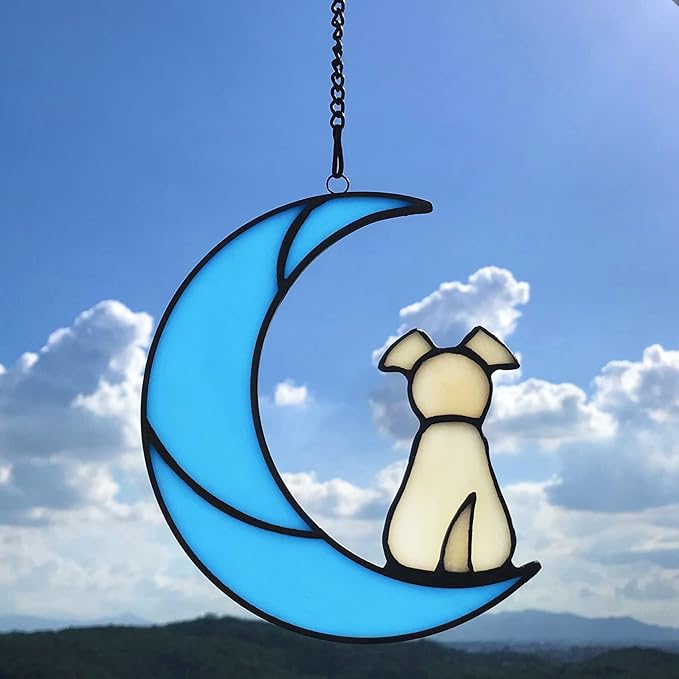 Stained Glass Dog Memorial Gifts for Dog Lovers, Yellow Dog Decor on Blue Moon Window Hanging Suncatcher, Loss of Dog Sympathy Gift, Pet Loss Remembrance Gift in Memory of Dog