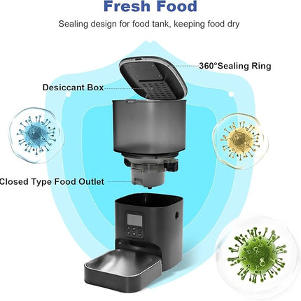Automatic Cat Feeder, Cat Food Dispenser with 10s Voice Recorder, Pet Feeder up to 8 Meals per Day, Timed Feeder with Dry Food Sealed Ring (Black, 4L)