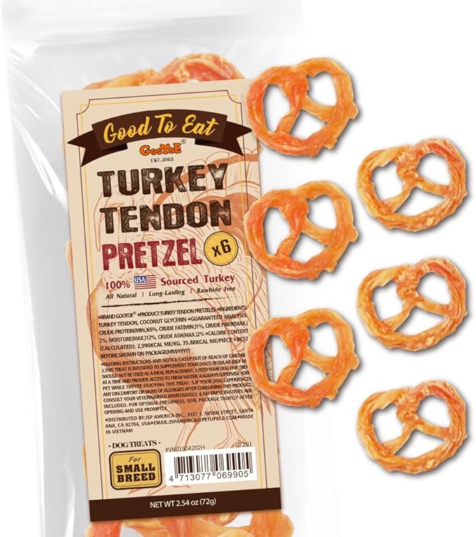 Gootoe Turkey Tendon Dog Treats, Pretzel (S) 6 Pieces per Pack, USA-Sourced Turkey Tendon, Natural Snack, Premium Puppy Chews, Hypoallergenic, Reseal Value Bags, Size for Small Dogs