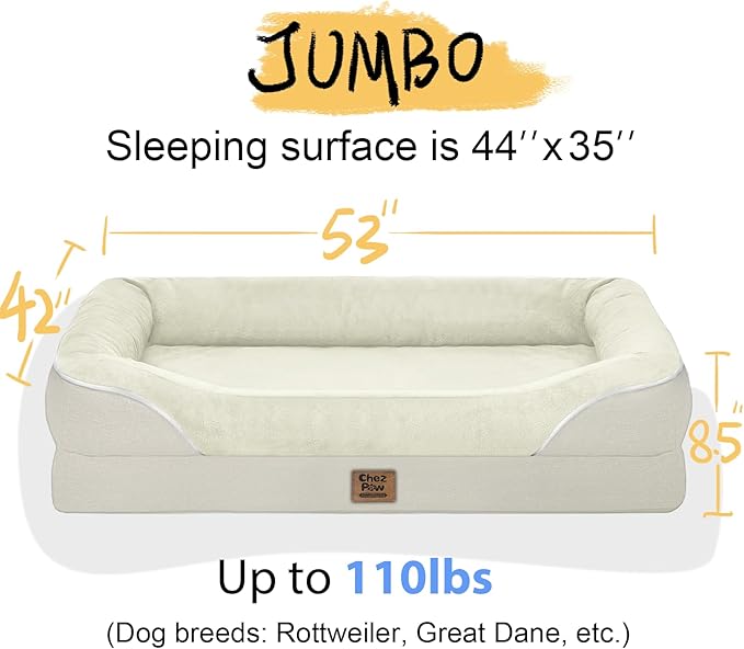Washable Orthopedic Large Dog Bed - Removable Waterproof Cover with Bolster Machine Washable Extra Large Dogs Beds Foam Support XL Big Pet Beds