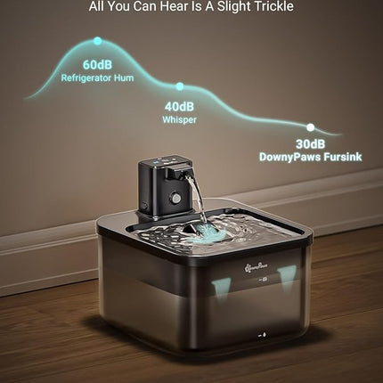 DownyPaws Battery Operated Cat Water Fountain, 84oz/2.5L Fursink Wireless Cat Waterer Fountain with Motion Sensor, BPA-Free, Black with 6 Filters