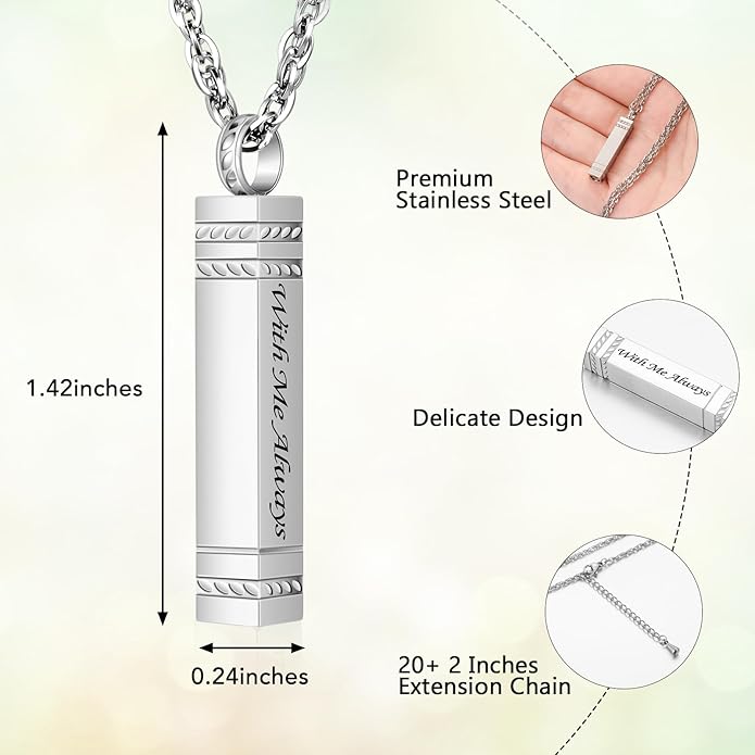 abooxiu Urn Necklace for Ashes Memorial Cremation Jewelry for Ashes Stainless Steel Ashes Jewelry Cube Ashes Necklace Bar Urn Pendant for Women Men