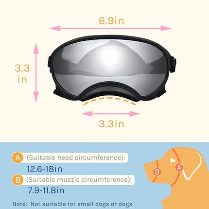 Large Dog Sunglasses, Dog Goggles Large Breed and Medium, UV Protection, Windproof, Dustproof and Snowproof. Shatterproof Lens, Adjustable Strap