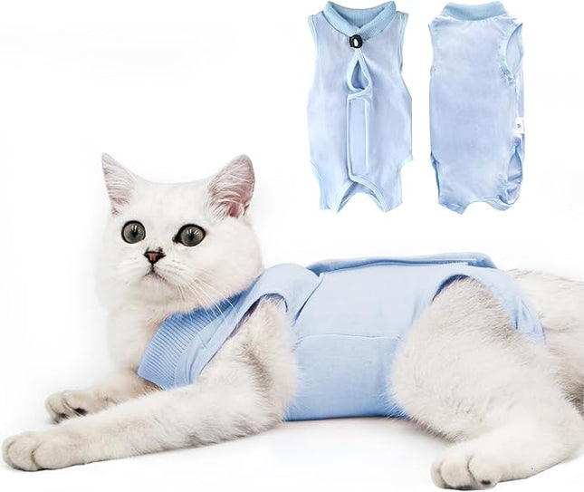 Cat Recovery Suit for Male and Female Surgical Post Surgery Soft Cone Onesie Shirt Clothes Neuter Licking Protective Diapers Outfit Cover Kitten Spay Collar(L, Blue)