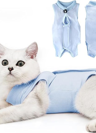 Cat Recovery Suit for Male and Female Surgical Post Surgery Soft Cone Onesie Shirt Clothes Neuter Licking Protective Diapers Outfit Cover Kitten Spay Collar(S, Blue)
