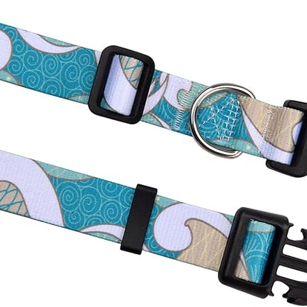 Dog Collar with Bohemia Floral Tribal Geometric Patterns - Soft Ethnic Style Collar Adjustable for Small Medium Large Dogs(Sea Wave,L)