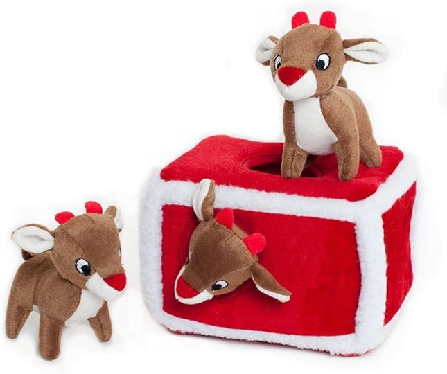 ZippyPaws Holiday Burrow- Interactive Dog & Puppy Toy for Boredom, Stimulating Pet Product to Keep them Busy, Hide & Seek Plush Dog Puzzle, Enrichment Squeaky Toy for Small & Medium Dogs- Reindeer Pen
