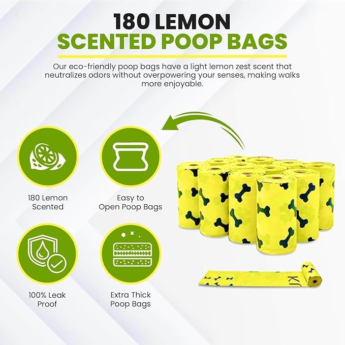 Dog Poop Bag Kit - 180 Biodegradable Lemon Scented Poop Bags for Dogs, Duck Plush Toy & Dispenser with Sanitizer - Leak Proof Extra Thick Compostable Dog Waste Bags for Eco-Friendly Walks