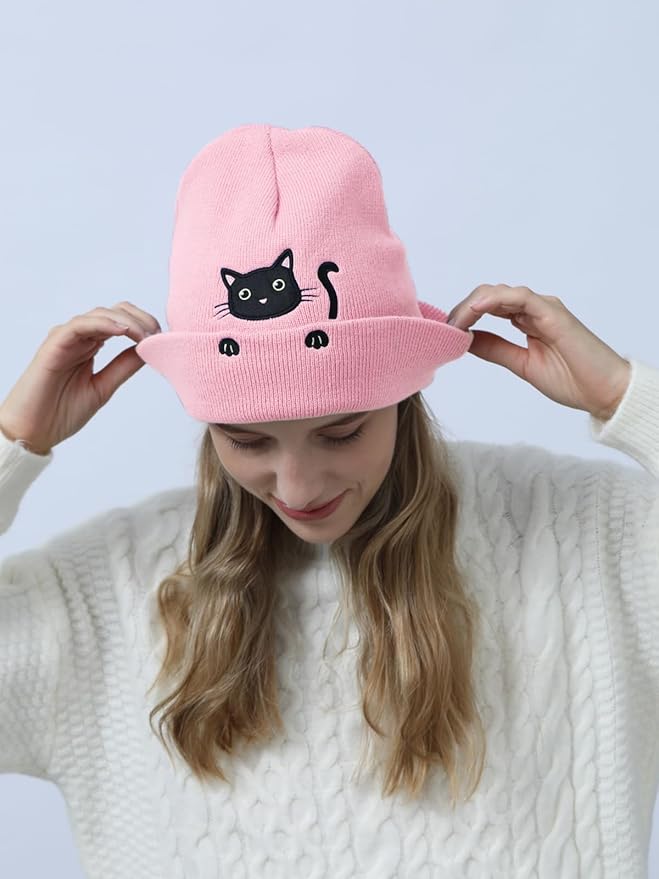 Women’s Cat Beanie Cute Cat Lover Gifts Animal Knitted Hats Christmas Stocking Stuffers for Women Girls
