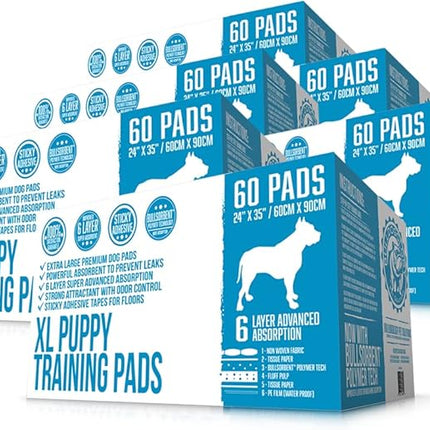 Bulldogology Puppy Pee Pads XL with Adhesive Sticky Tape - Extra Large Dog Training Wee Pads (24x35) 6 Layers with Extra Quick Dry Bullsorbent Polymer Tech (360-Count, White)