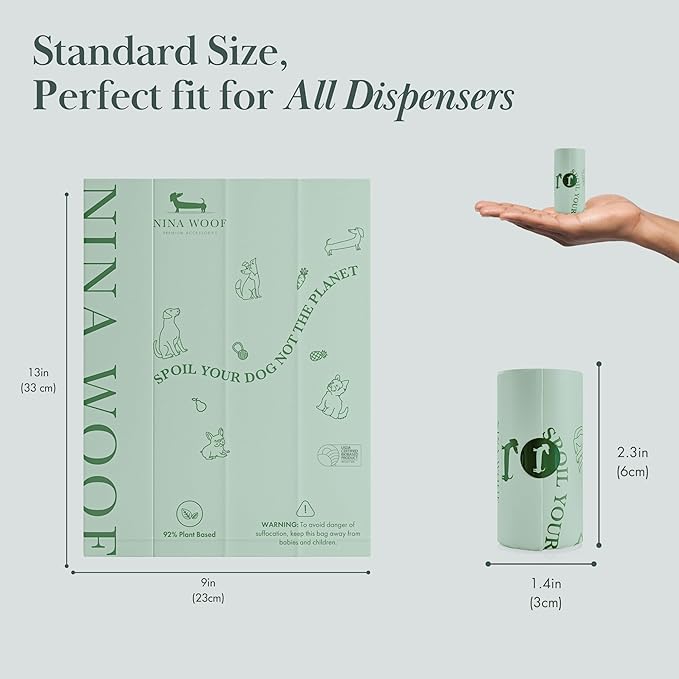 Eco-Friendly 92% Plant-Based Dog Poop Bags Rolls -90 Extra Thick, Durable, Leak-Proof, Odorless, Convenient Disposal - USDA Certified, Heavy-Duty Trash Bags and Garbage Bags