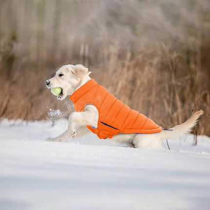 Lelepet Reversible Dog Coat Waterproof Dog Jacket Windproof Puffer Vest for Winter Warm Lightweight Coats for Large Dogs Adjustbale Hook & Loop Pet Apparel with Leash Hole, Pitbull, Orange, XL