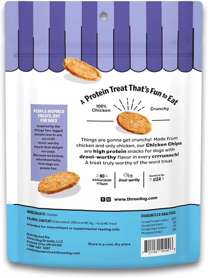Three Dog Bakery Bark’N Crunch! Chicken Chips, Small 4oz, Crunchy Dog Treats, Single Ingredient, High Protein Snacks, Chicken Treats, Low Calorie Healthy Training Treat, Made in The USA