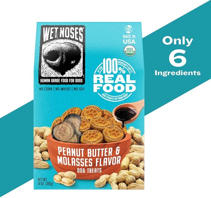 All Natural Dog Treats, Made in USA, 100% USDA Certified Organic, Non-GMO Project Verified, 14 Oz Box, Peanut Butter & Molasses Flavor, 2 -Pack