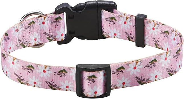 Dog Collar with Bohemia Floral Tribal Geometric Patterns - Soft Ethnic Style Collar Adjustable for Small Medium Large Dogs (Pink White Flower,S)