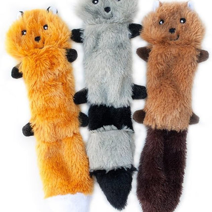 ZippyPaws Skinny Peltz - No Stuffing Dog Toy Pack to Keep Them Busy, for Small and Medium Dogs, Squeaky Pet Toys, Unstuffed Chew Toys, Soft Plush Variety Pack, Fox, Raccoon, and Squirrel - 11"