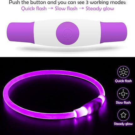 Light up Dog Collar, BSEEN USB Rechargeable Flash Dog Necklace Light, Pet Safety Collar Makes Your Beloved Dogs Be Seen at Night for Small Medium Large Dogs(Purple)
