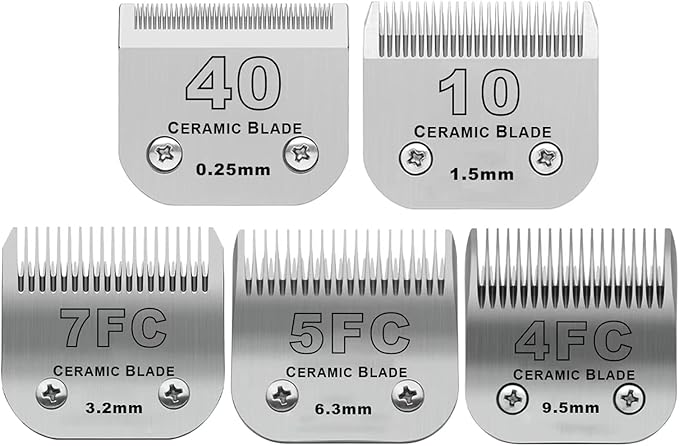 Size 40/10/7F/5F/4F Detachable Pet Dog Grooming Clipper Ceramic Blades Set,Compatible with Andis,Oster A5,Wahl KM10 Series Clippers,Cut Length 1/100"(0.25mm) to 3/8"(9.5mm),5 Pack
