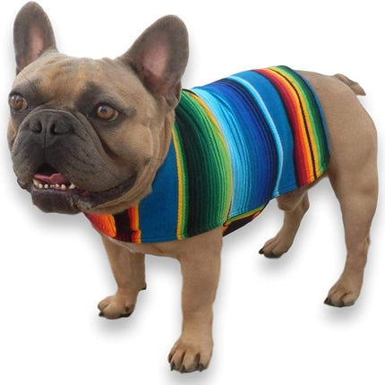 Handmade Dog Poncho from Mexican Serape Blanket - Dog Clothes - Coat - Costume - Sweater - Vest (Blue, French Bulldog/Pug)