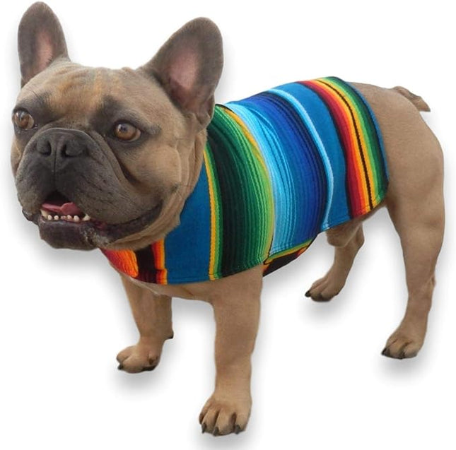 Handmade Dog Poncho from Mexican Serape Blanket - Dog Clothes - Coat - Costume - Sweater - Vest (Blue, French Bulldog/Pug)