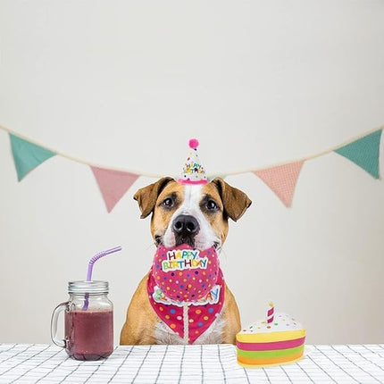 BINGPET Dog Birthday Bandana Set with Cake and Balloon,Dog Birthday Party Supplies for Boys and Girls,Puppy Chew Toys Gift for Large and Extra Large Dogs Pets - Pink