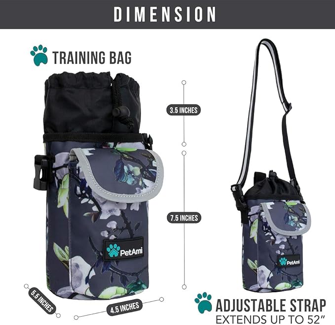 PetAmi Dog Treat Pouch, Large Pet Training Treat Pouch with Pocket, Dog Trainer Essentials Supply Holder with Poop Bag Dispenser, Training Bag for Kibbles Toys, 3 Ways to Wear (Floral Grey)
