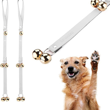 Leather Dog Doorbells for Door Knob/Potty Training/Go Outside, Length Adjustment Copper Dog Bell, Housetraining Hanging Bell, White Leather Golden Bells - 2 Pack.