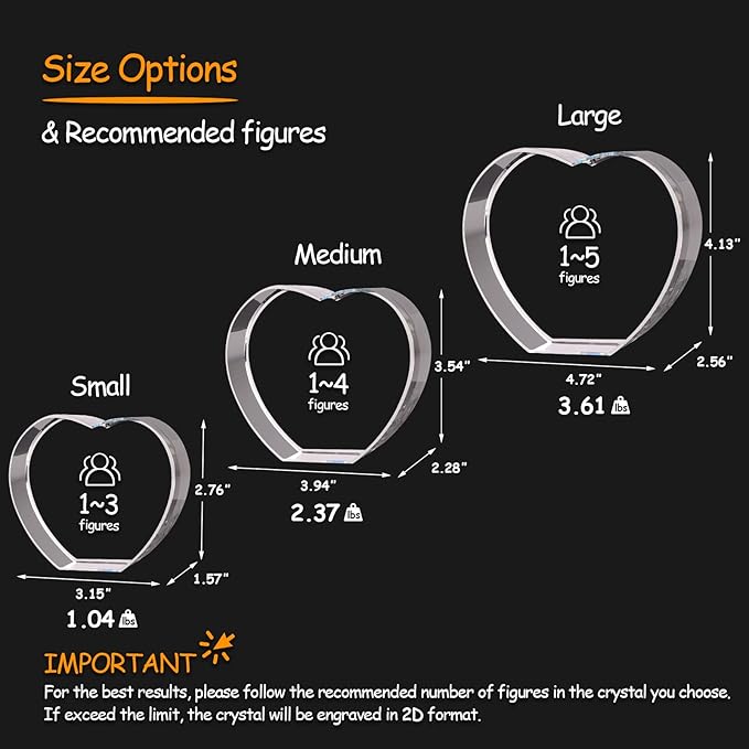 Personalized Dog, Cat Memorial Gifts for Pet Owners. Gift Box Included, Customized Laser Etched Crystal Photo (Small Heart)
