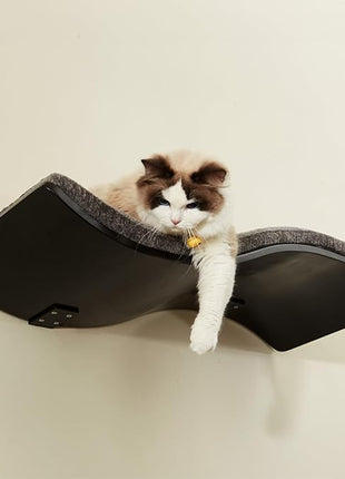 Cat Shelf with Comfortable Cushion - Wave Modern Cat Bed - Minimalistic Floating Wall Perch - Wooden Wall Mounted Cats Furniture for Sleeping, Playing, Climbing, and Lounging, Walnut