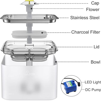 Crystal Cat Water Fountain Stainless Steel with 4 Filters and 4 Sponges, 101oz/3L Pet Fountain with LED Light for Cats and Dogs (Clear)