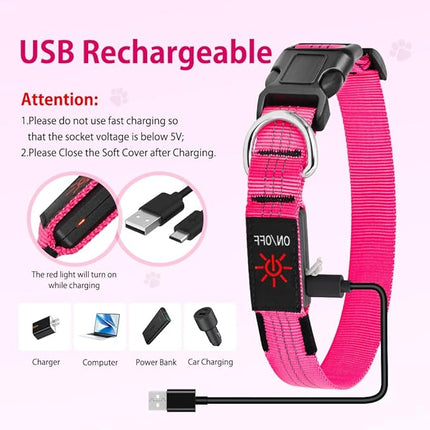 Light Up Dog Collar, USB Rechargeable Reflective LED Pet Collar Adjustable High Visibility Doggie Necklace Lights for Night Walking (Pink, Large)