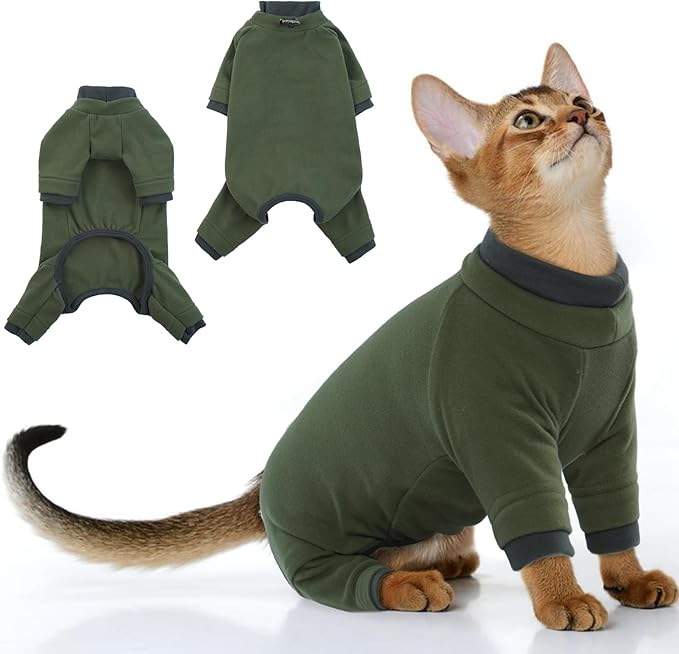 PUMYPOREITY Sticky Hair Cat Clothes, Prevent Hair Loss Cat Pajamas, Soft Cat Sweaters for Cats Only, Cat Hair Sticky Onesie, Cat Recovery Suit After Surgery, Green, L