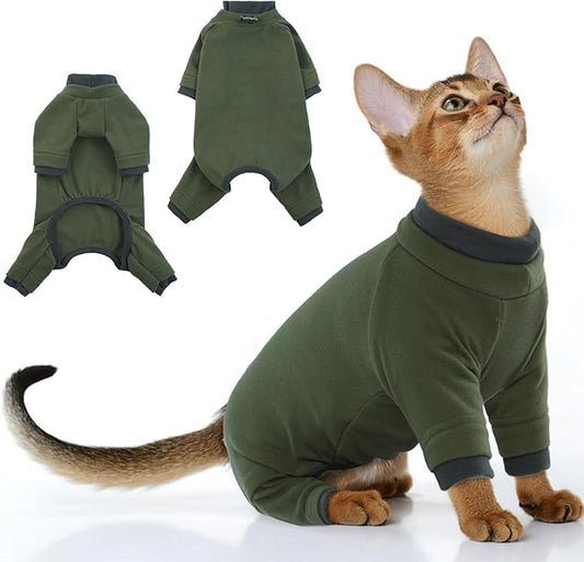 PUMYPOREITY Sticky Hair Cat Clothes, Prevent Hair Loss Cat Pajamas, Soft Cat Sweaters for Cats Only, Cat Hair Sticky Onesie, Cat Recovery Suit After Surgery, Green, XL
